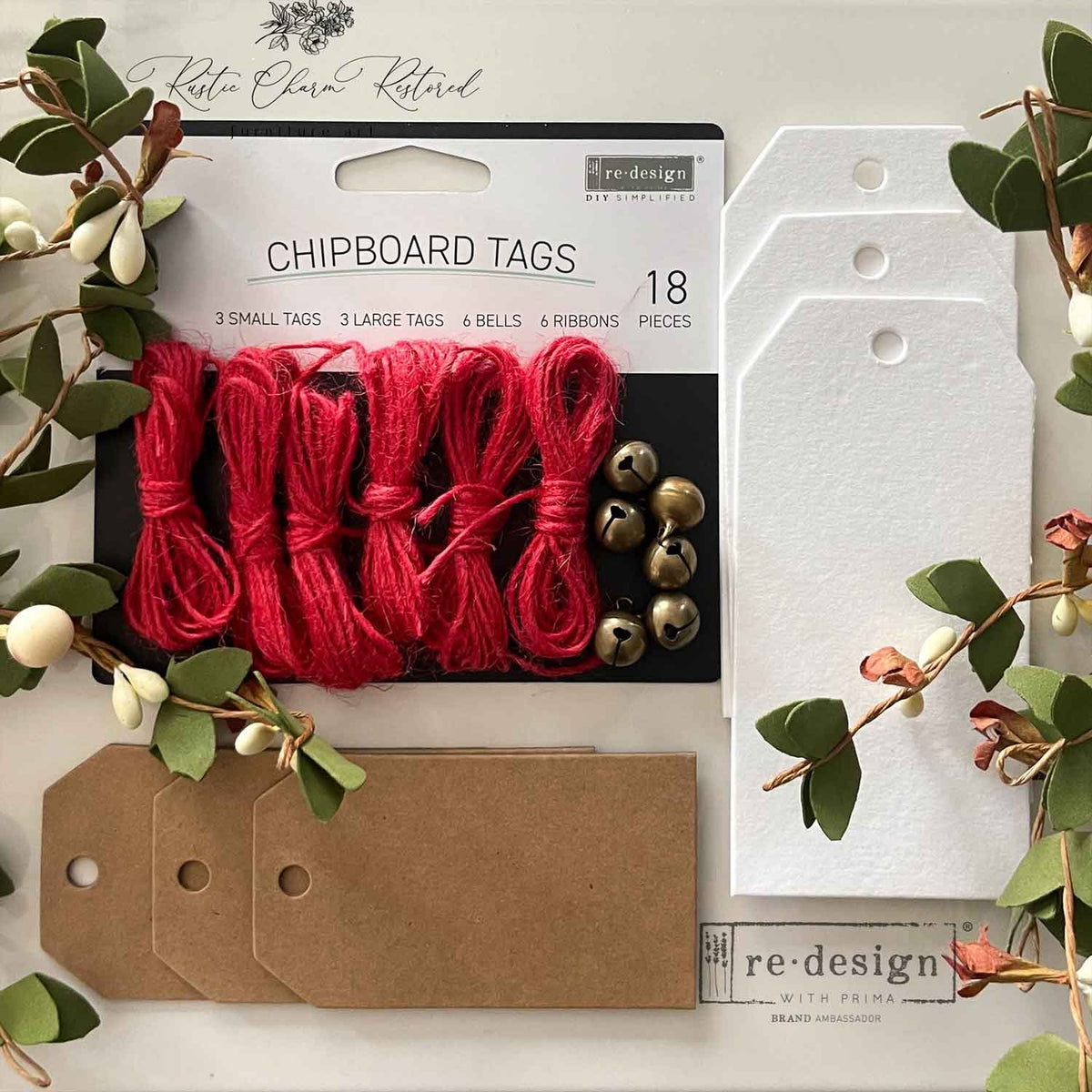 Christmas Chipboard Tags – 3 tags 2.3″x4.75″ + 3 tags 2″x3.5″ + 6 bells + twine